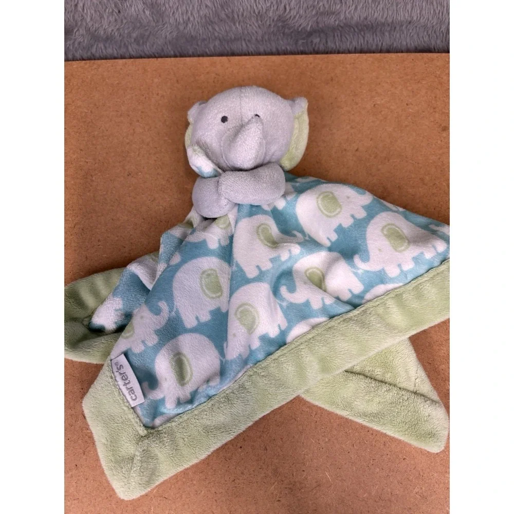 Carter's  Elephant Lovey Security Blanket Plush Blue Green Gray Baby Toy 13